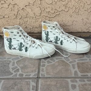 Vans White High-Tops with Green Cactus Design